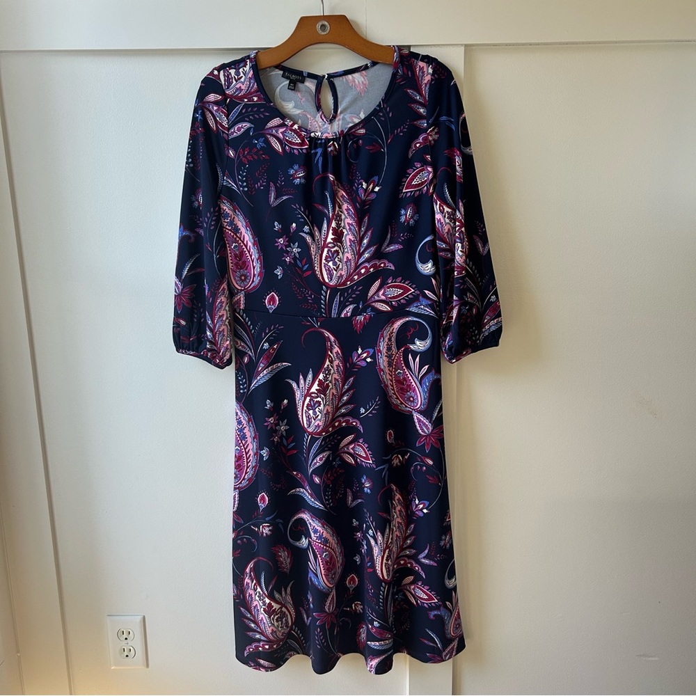Talbots Petite Women's Dress Blue Pink Paisley Midi Travel Office Preppy 12P
